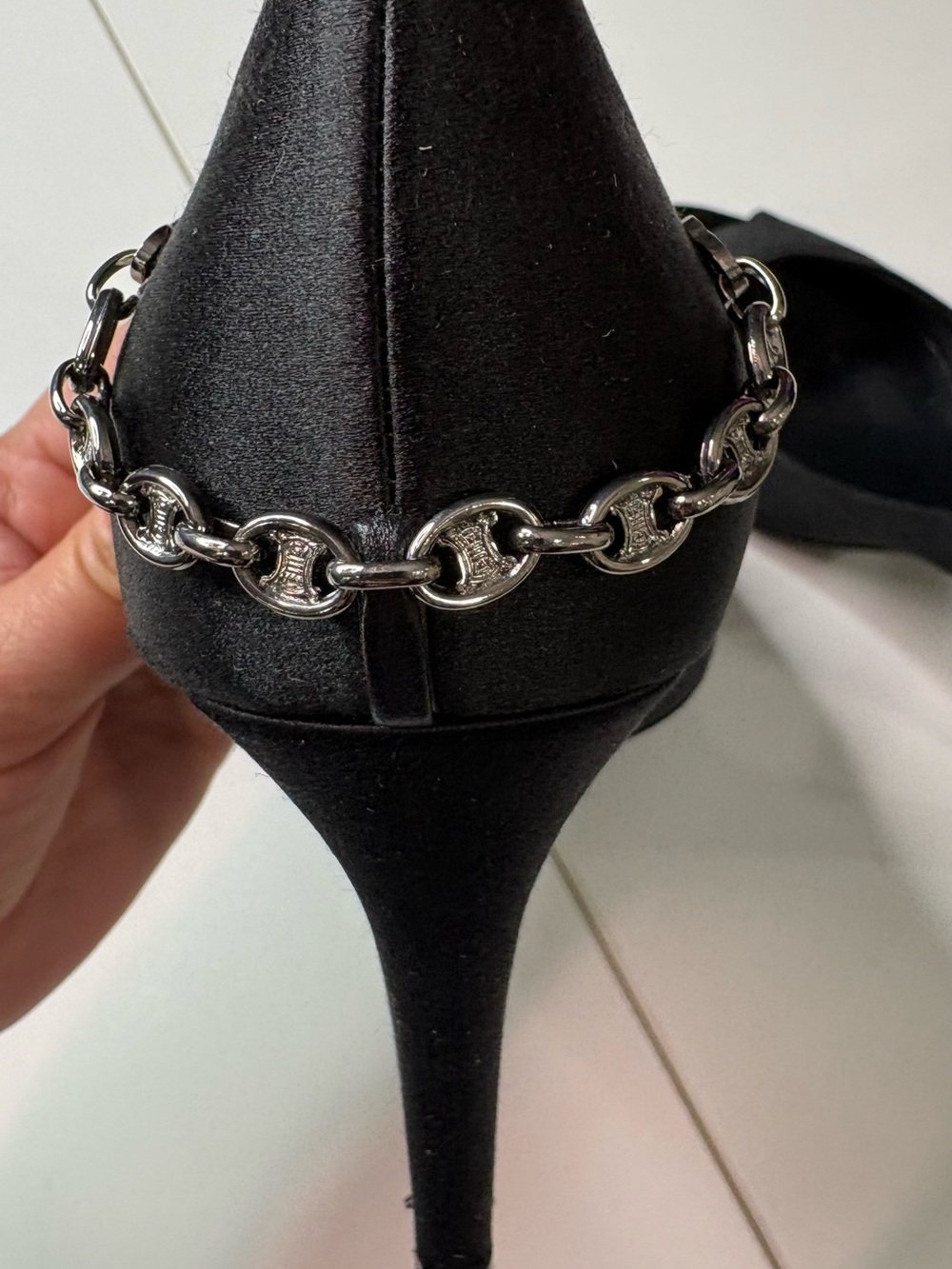 Luxury Celine Black Satin Peep-Toe Stiletto with Silver Chain Accent 36.5 - Picture 9 of 10